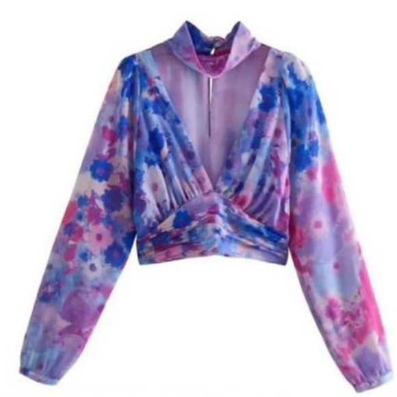 ZARA gorgeous purple/blue cropped blouse size small - Picture 2 of 12